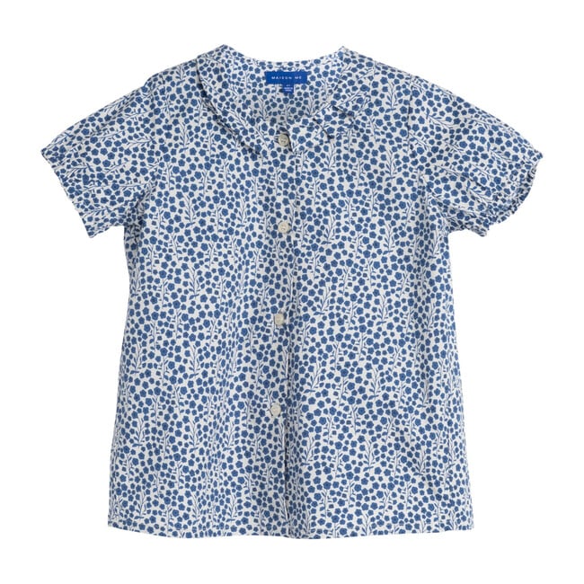 Stella Short Sleeve Pleated Collar Top, Blue Ditsy Floral