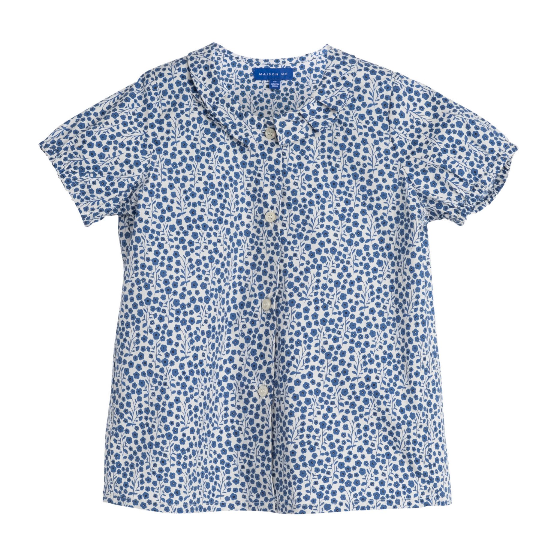 Stella Short Sleeve Pleated Collar Top, Blue Ditsy Floral
