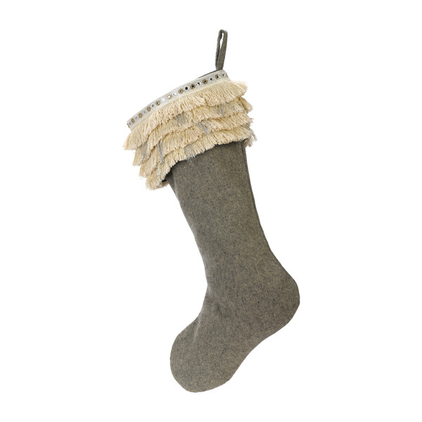 Christmas Stocking in Hand Felted Wool, Fringe on Gray
