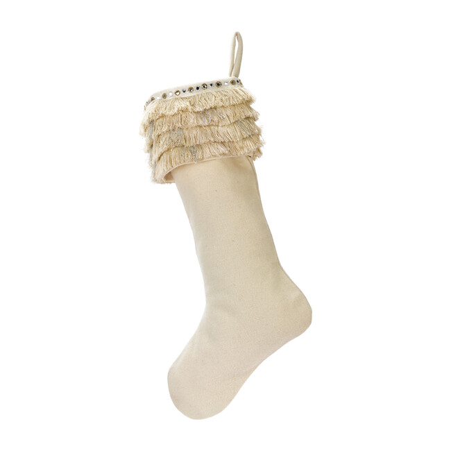 Christmas Stocking in Hand Felted Wool, Fringe on Cream