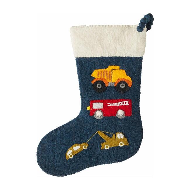 Christmas Stocking in Hand Felted Wool, Trucks on Navy