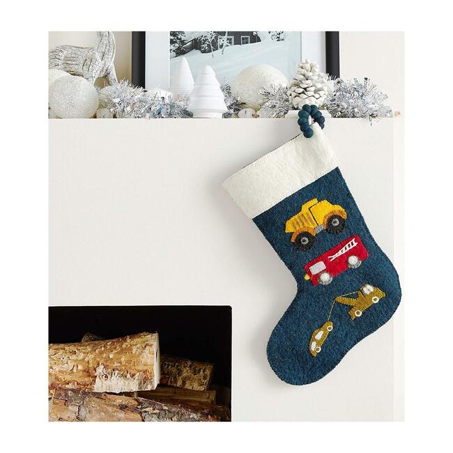 Christmas Stocking in Hand Felted Wool, Trucks on Navy