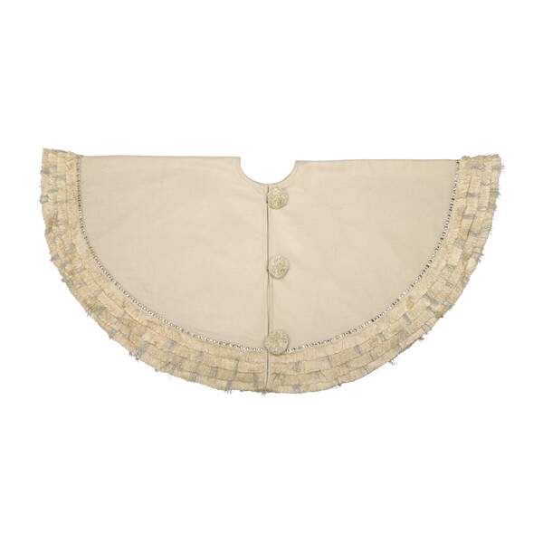 Handmade Christmas Tree Skirt in Recycled Wool, Cream with Fringe Border