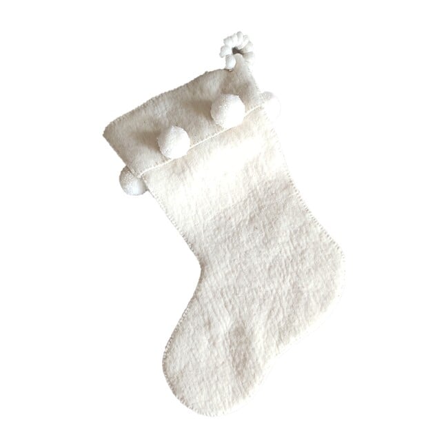 Christmas Stocking in Hand Felted Wool, Cream Pom Pom