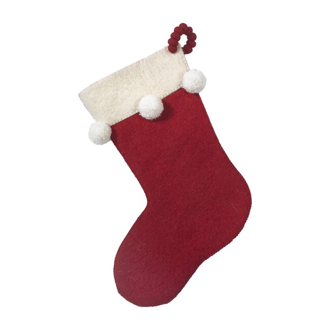 Christmas Stocking in Hand Felted Wool, Pom Poms on Red