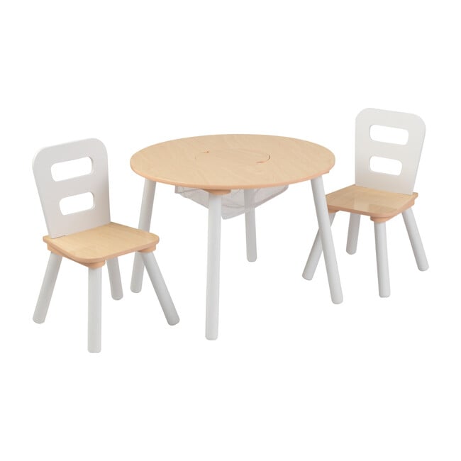 Round Storage Table and 2 Chair Set, Natural/White