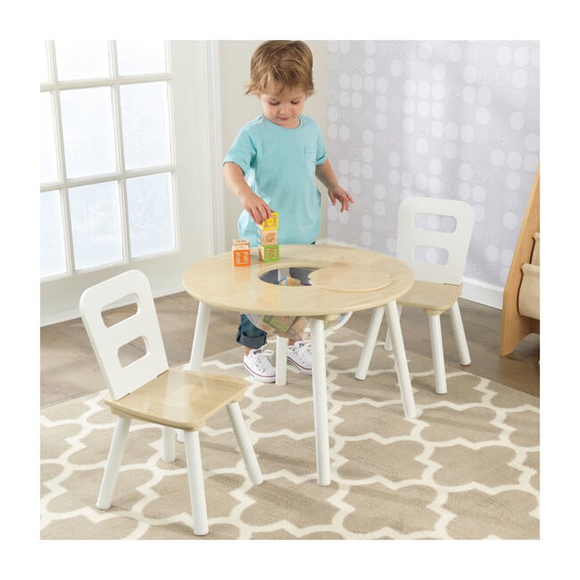 Round Storage Table and 2 Chair Set, Natural/White