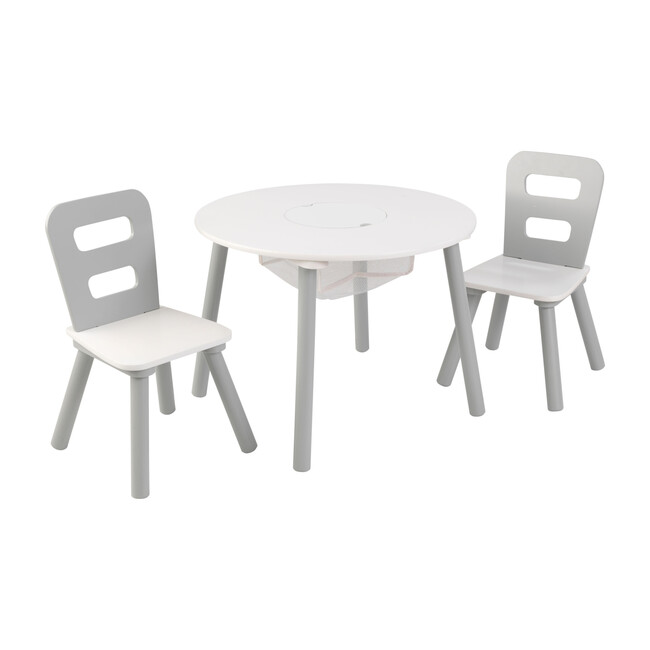Round Storage Table and 2 Chair Set, Gray/White