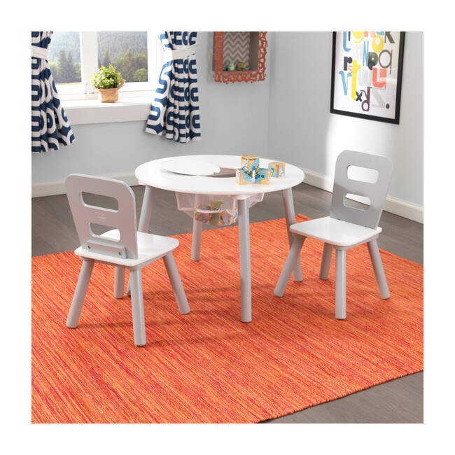 Round Storage Table and 2 Chair Set, Gray/White