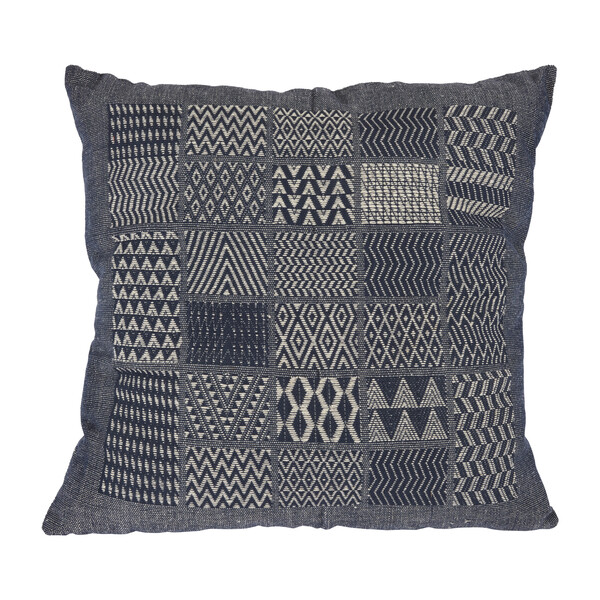 Artisan Hand Loomed Cotton Square Pillow, Indigo Blocks