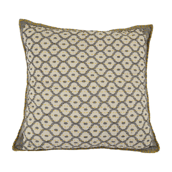 Artisan Hand Loomed Cotton Square Pillow, Gray with Yellow Stitching