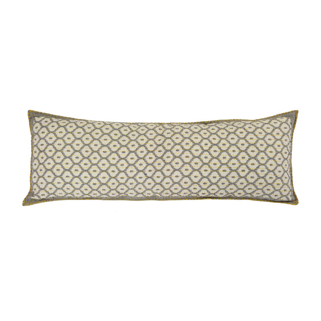 Artisan Hand Loomed Cotton Lumbar Pillow, Gray with Yellow Stitching