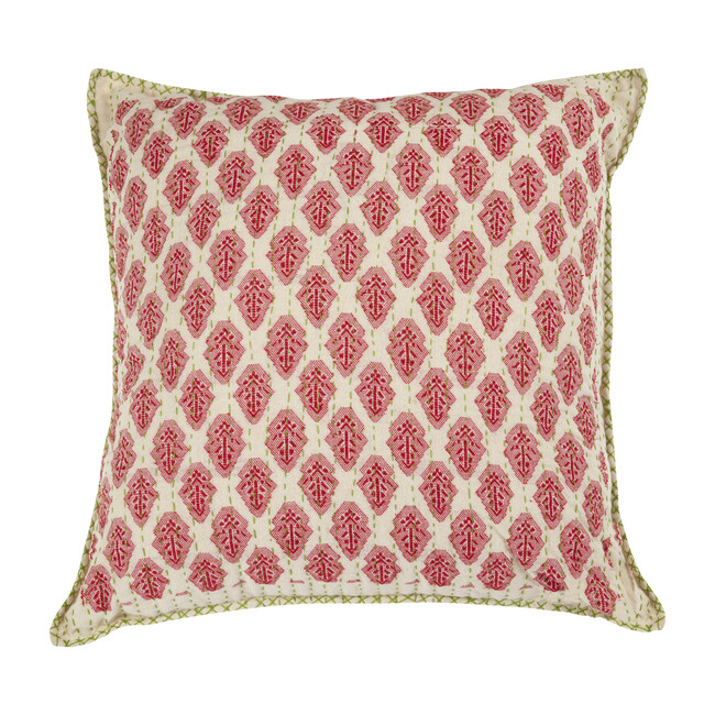 Artisan Hand Loomed Cotton Square Pillow, Red with Green Stitching