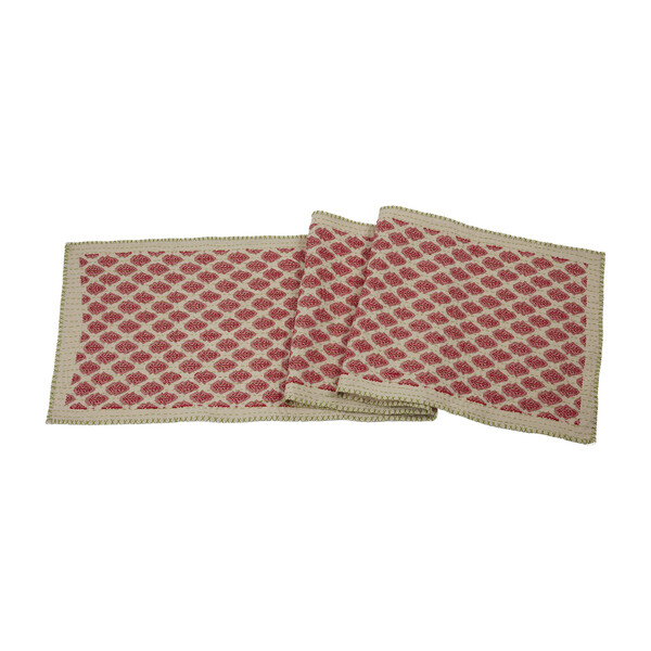 Artisan Hand Loomed Cotton Table Runner, Red with Green Stitching