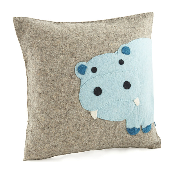 Hand Felted Wool Cushion Cover, Blue Hippo