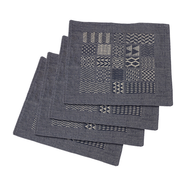 Artisan Hand Loomed Place Mat Set, Indigo Blocks