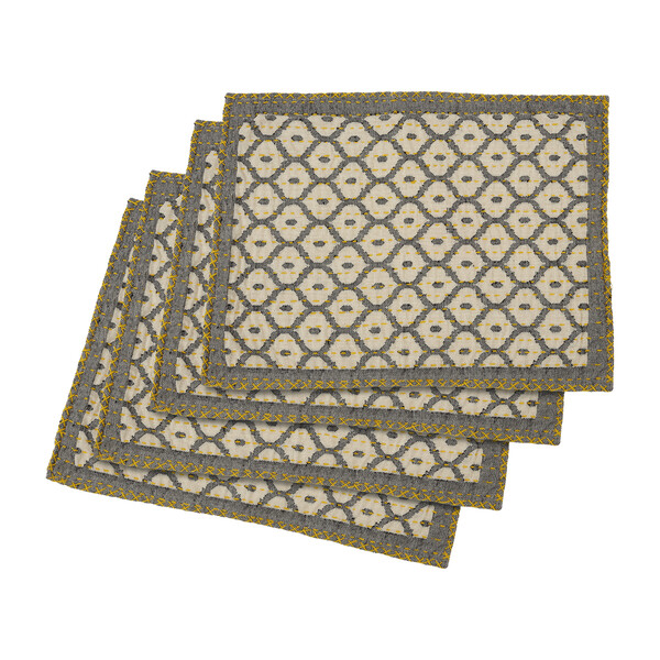 Artisan Hand Loomed Place Mat Set, Grey with Yellow Stitching