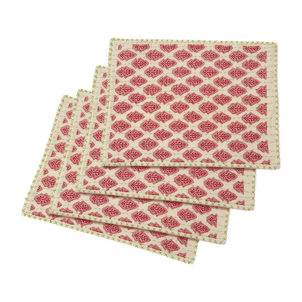 Artisan Hand Loomed Place Mat Set, Red with Green Stitching