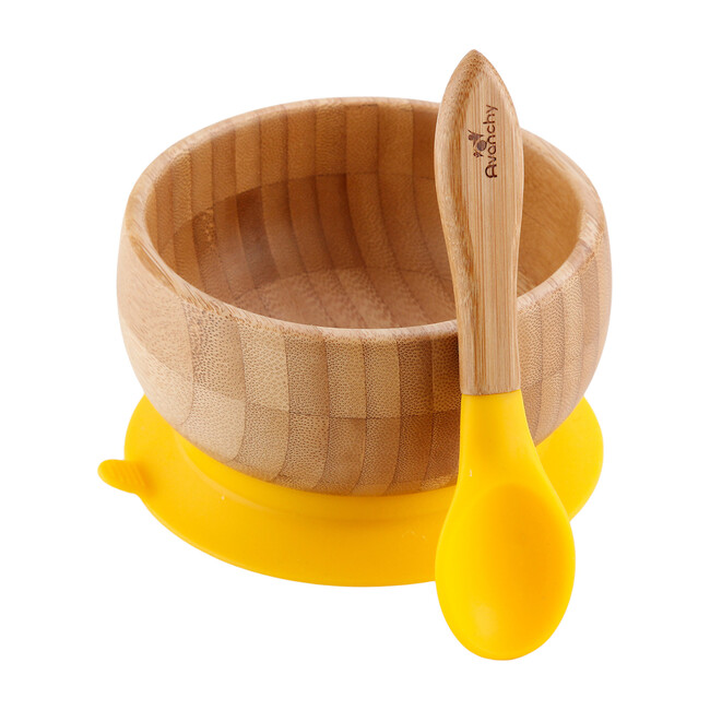 Baby Bamboo Stay Put Suction Bowl + Spoon, Yellow