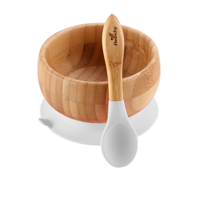 Baby Bamboo Stay Put Suction Bowl + Spoon, White