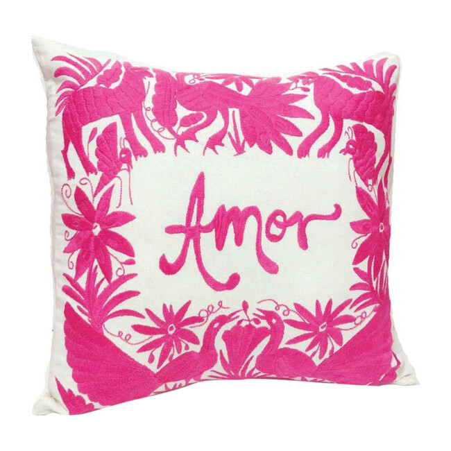 Embroidered Amor Pillow, Pink - Decorative Pillows - 1