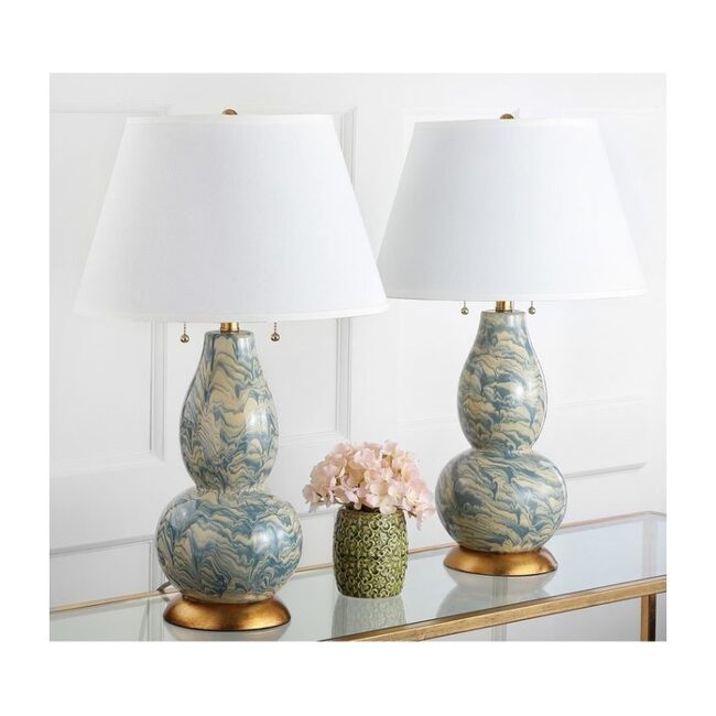 Set of 2 Color Swirls Glass Lamps, Blue