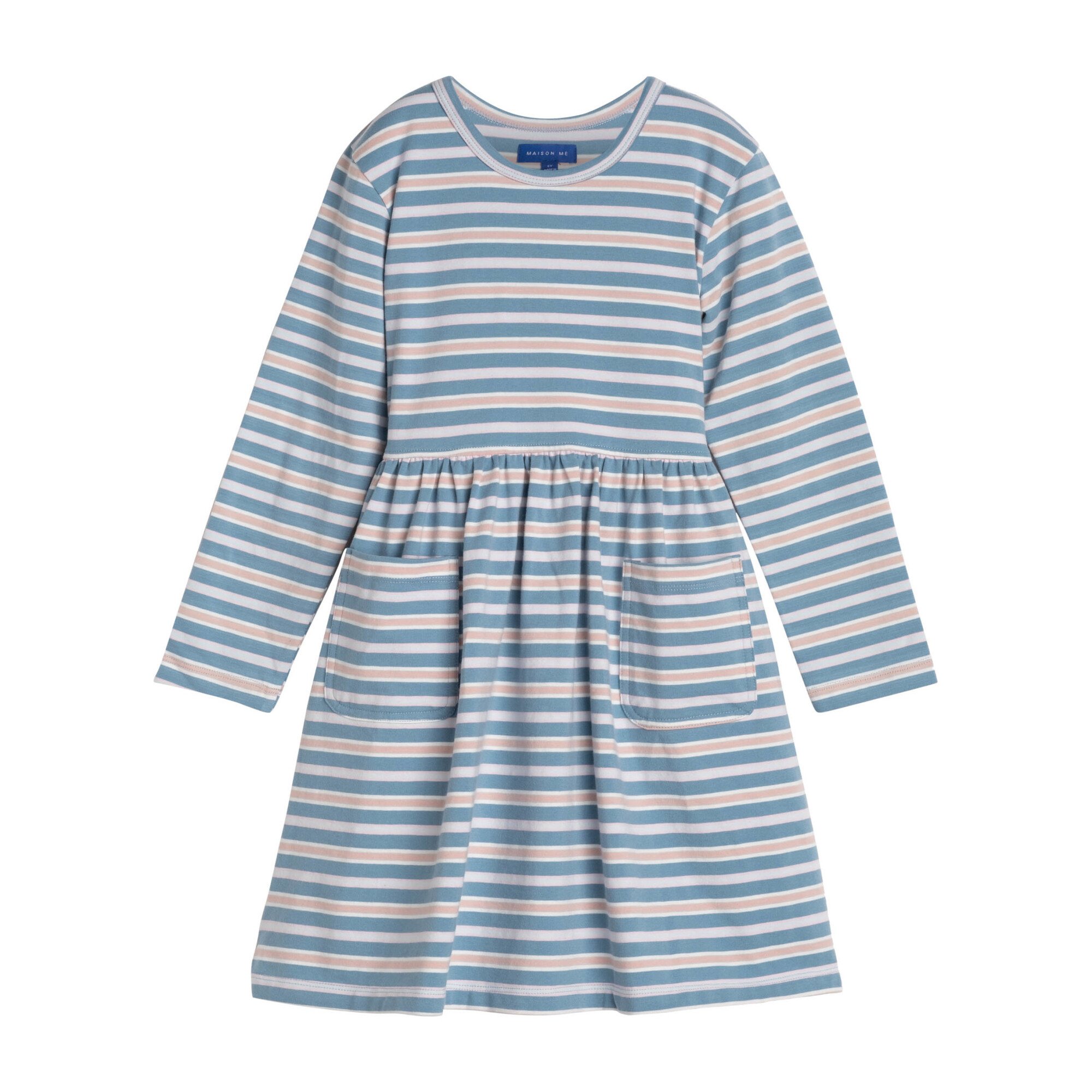 Marley Long Sleeve Jersey Dress, Powder Blue Multi Stripe - Kids Girl ...