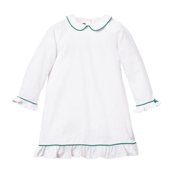 White Sophia Nightgown, Green Piping