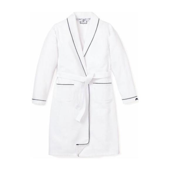 Men's Flannel Robe, White & Navy Piping