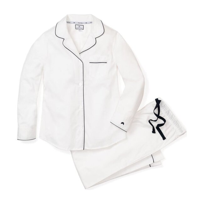 Men's Classic White Twill Pajama Set, White & Navy Piping