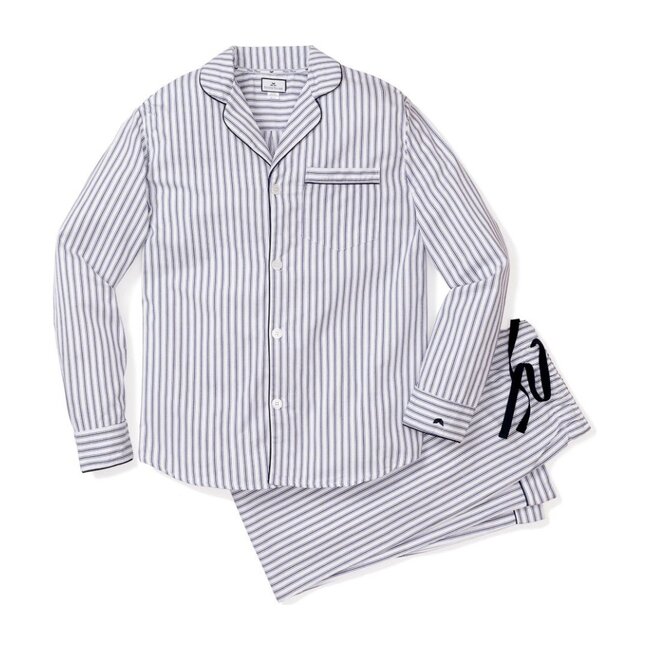 Women's Twill Pajama Set, Navy French Ticking - Pajamas - 1