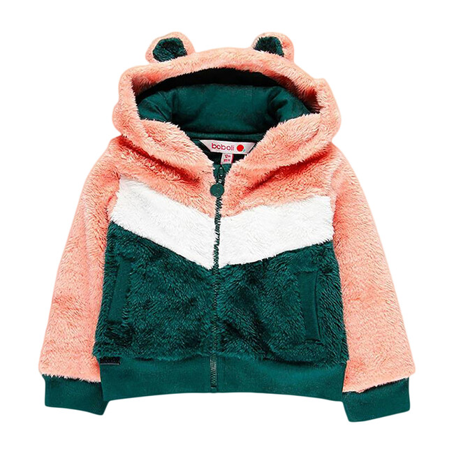 Hood with Ears Fluffy Jacket, Pink & Green - Jackets - 1