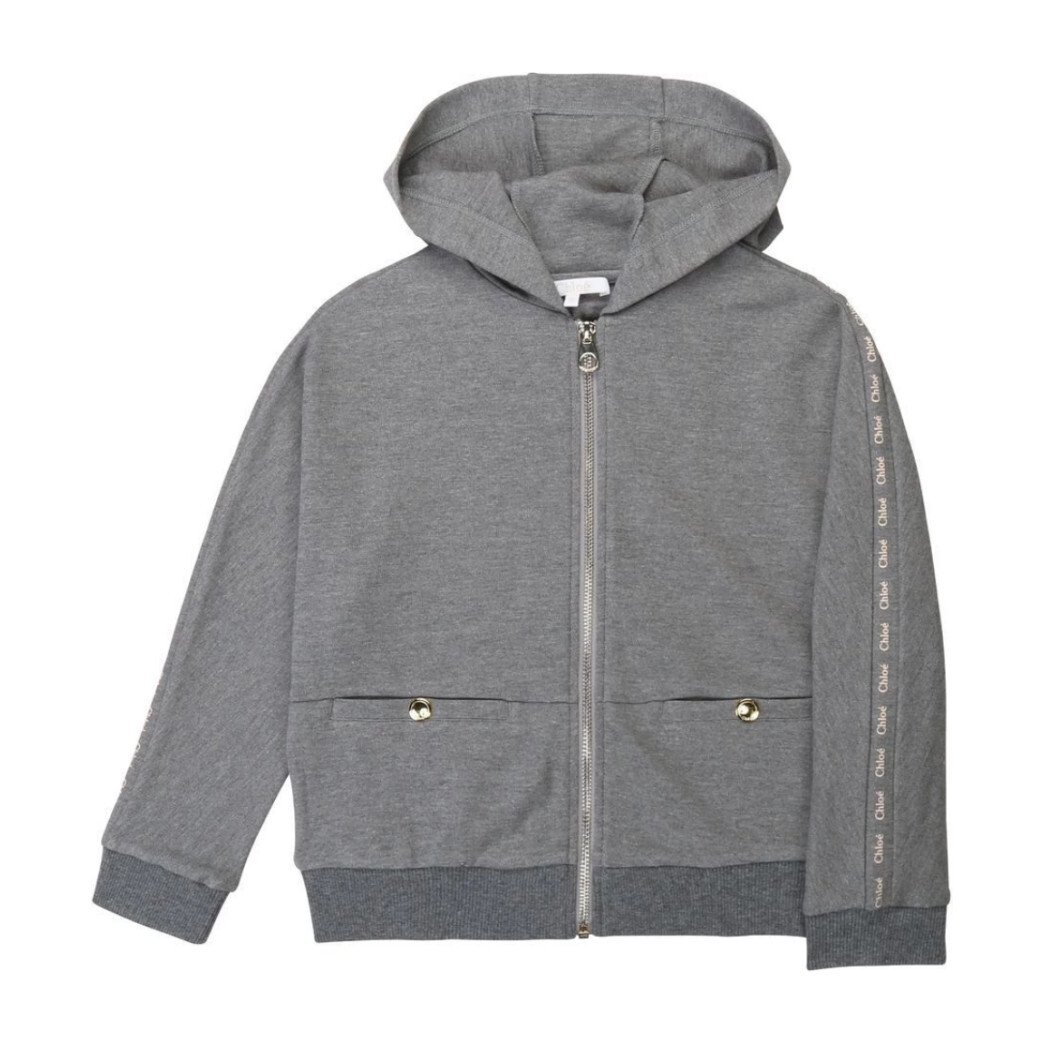 Zip up Hooded Jacket with Logo Sleeve, Grey