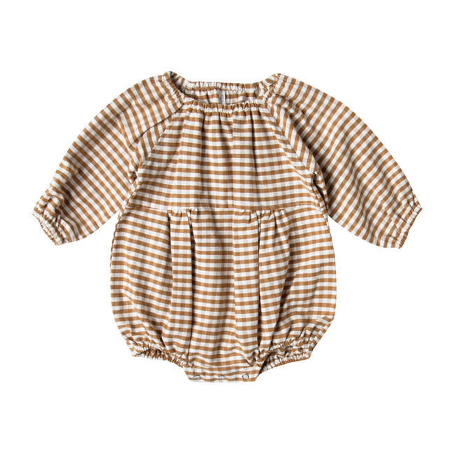 Gingham Bubble Romper, Brown, Cream - Onesies - 1