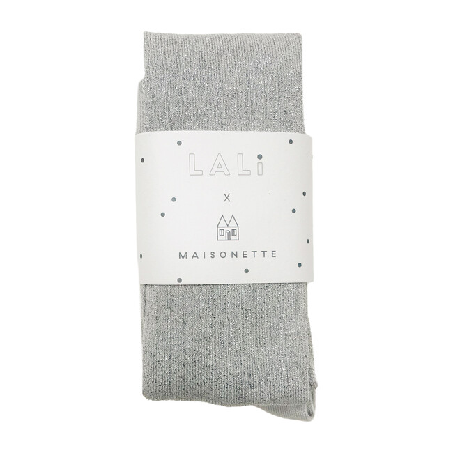 *Exclusive* Ribbed Cotton Tights, Grey Lurex