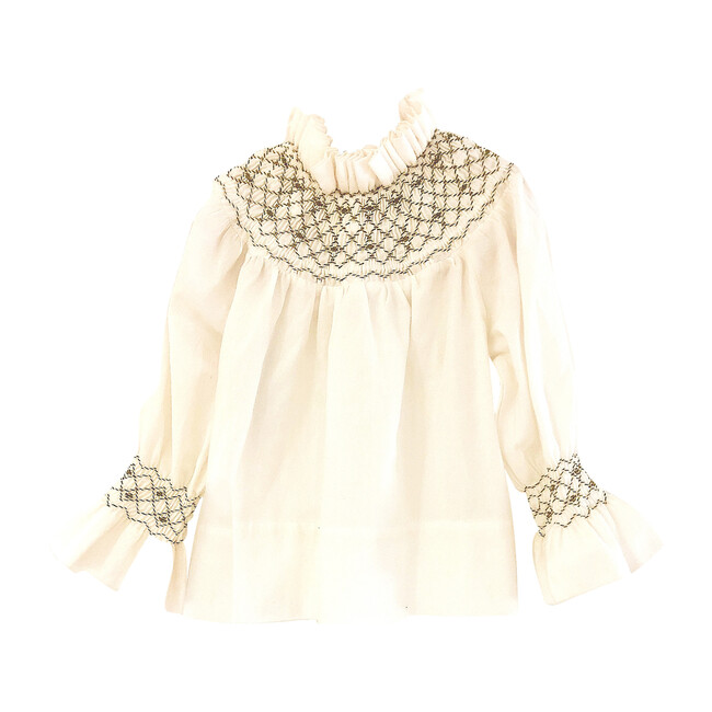 Frida Smock Blouse, White & Olive - Blouses - 1