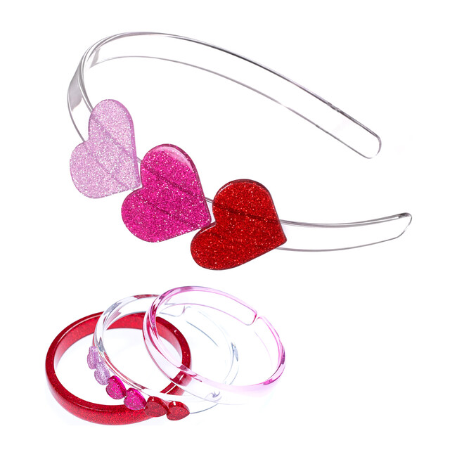 Valentine's Heart Headband and Bracelet Bundle, Glitter Pink