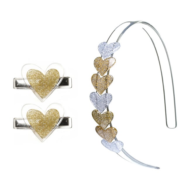 Glitter Heart Headband and Hair Clip Bundle, Gold
