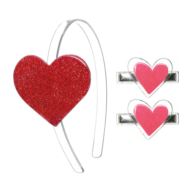 Valentine's Heart Headband and Hair Clip Bundle, Pink & Red
