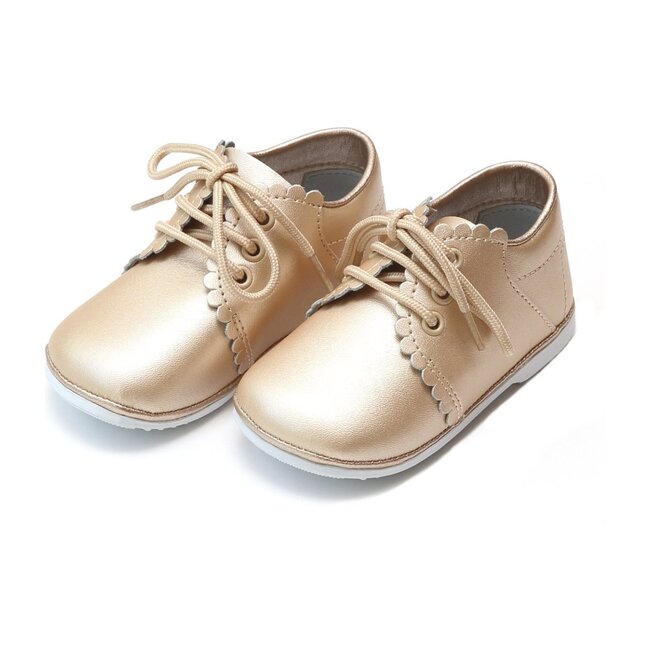 Lacey Scalloped Leather Lace Up Baby Shoe, Champagne