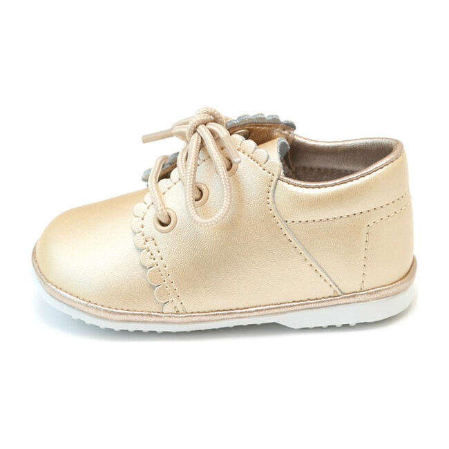 Lacey Scalloped Leather Lace Up Baby Shoe, Champagne
