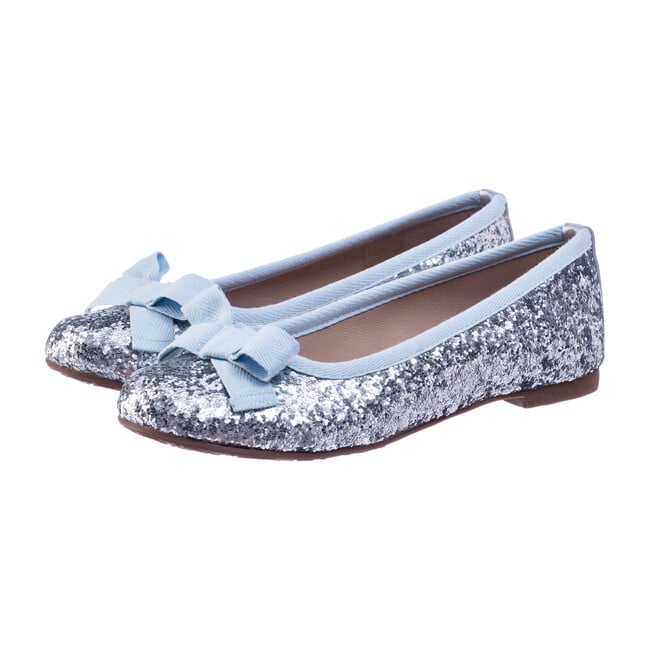 *Exclusive* Paris Flat, Silver Glitter with Light Blue Bow