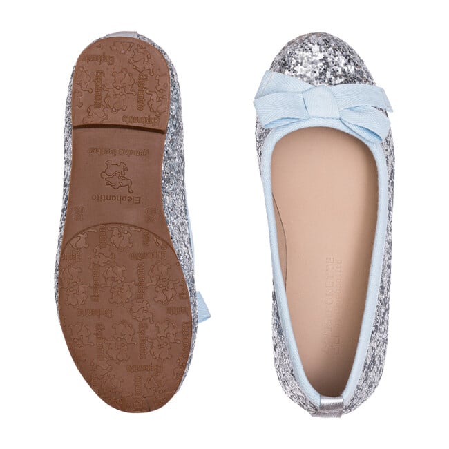 *Exclusive* Paris Flat, Silver Glitter with Light Blue Bow