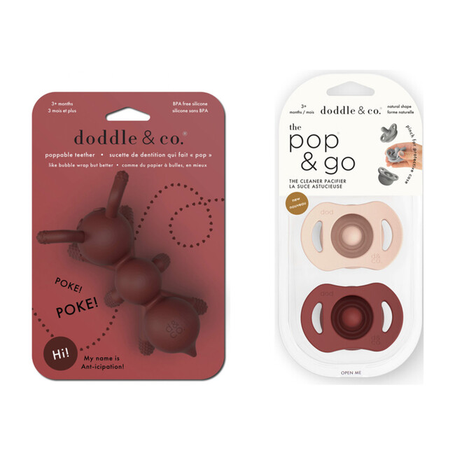 *Exclusive* Ant Teether and Peach+Rush Pop & Go Pacfier, Maroon
