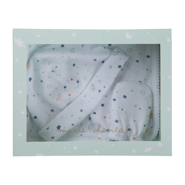 Angel wing Print Hat Bib & Mittens Set, Blue