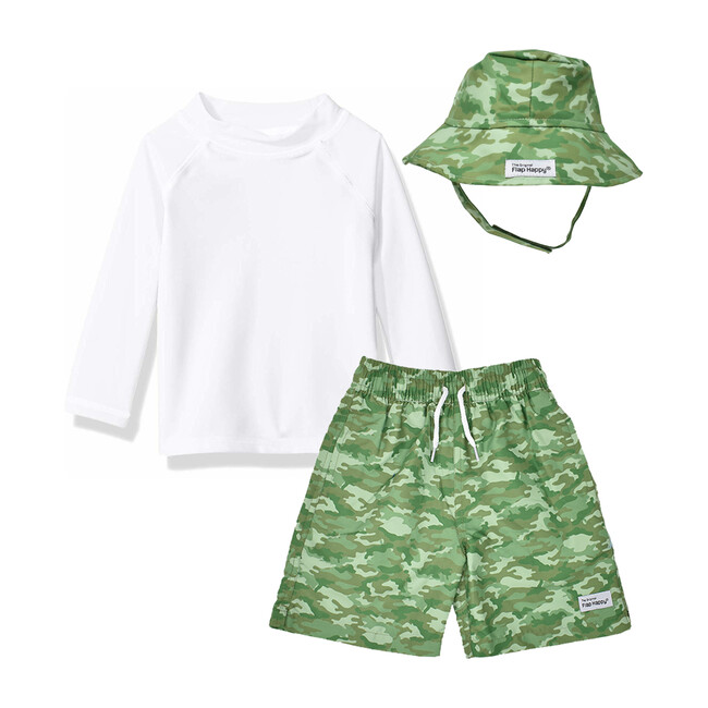 Boy Swim and Hat Set, Green Camo - Mixed Apparel Set - 1