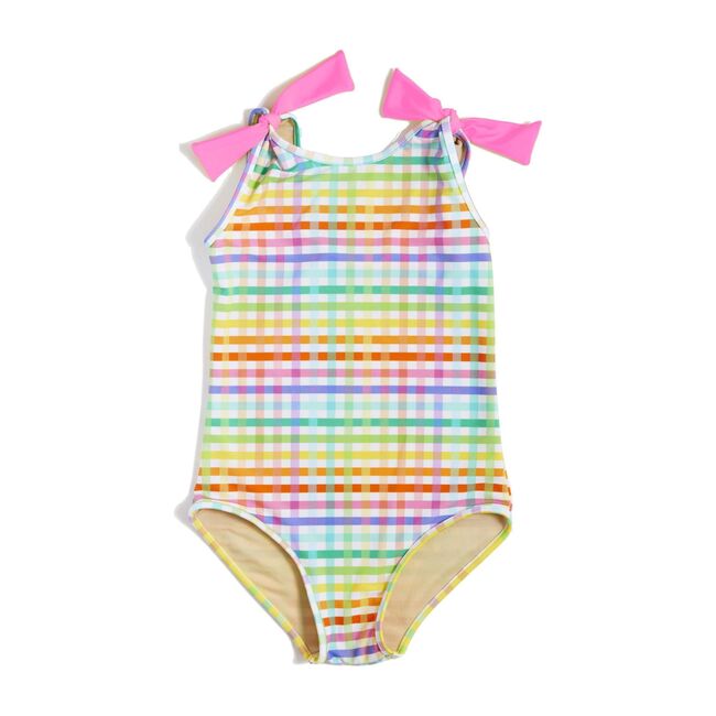 Tie Shoulder One Piece, Rainbow Gingham