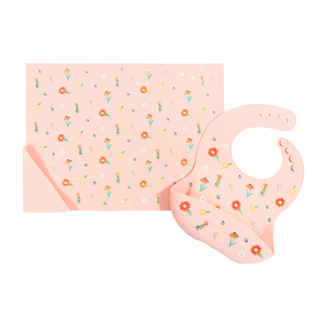 Silicone Bib and Foldable Placemat Set, Wildflower Ripe Peach - Bibs - 1