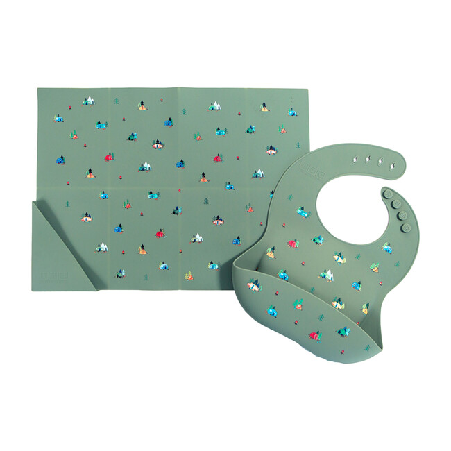 Silicone Bib and Foldable Placemat Set, Camper Sage Green - Bibs - 1