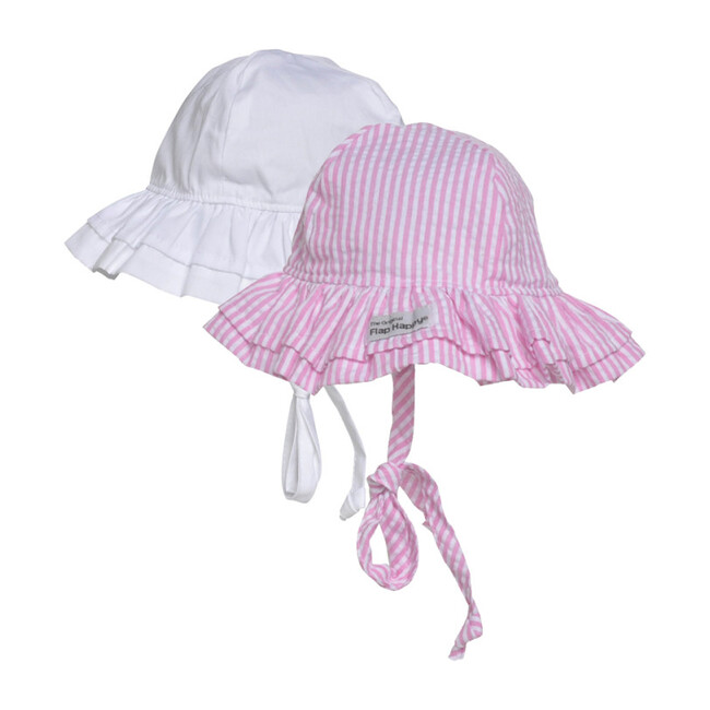 Double Ruffle Hat 2Pack, White & Pink Stripe Seersucker